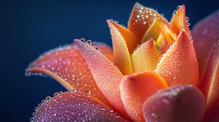 Close-up of a vibrant flower with dew drops on petals.
