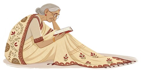 Elderly indian woman wearing a sari and glasses sits on the floor, engrossed in reading a book, her hand gently supporting her head