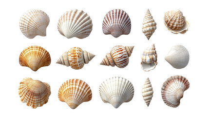 Collection of different sea shells in various shapes and colors, showcasing their unique textures and patterns. Perfect for marine themed designs or educational purposes