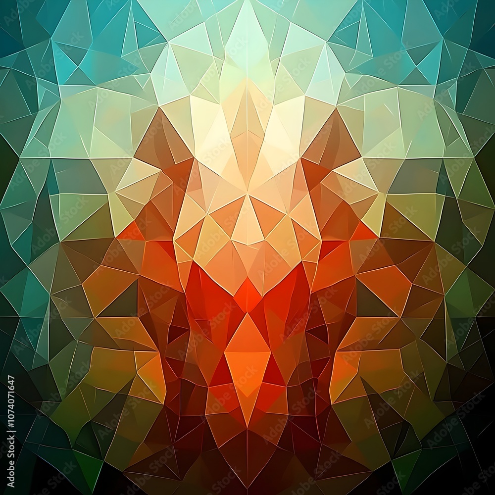 Poster an abstract geometric pattern featuring vibrant shades of orange, teal, and brown, creating a captiv