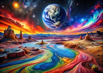 Captivating Wax Paintings of Iconic Landscape Landmarks Merging Earth and Sky in a Stunning Space Illustration for Fashion Photography