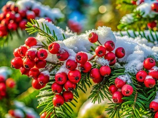 Obraz premium Captivating Winter Landscape Featuring Vibrant Red Berries and Lush Green Coniferous Branches Nestled in a Blanket of Snow, Perfect for Seasonal Nature Photography