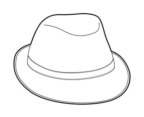 Fedora Hat with band. Head Fashion accessory cap with narrow brim clothing technical illustration. Vector headgear for Men, women, unisex style, flat template CAD mockup sketch outline isolated