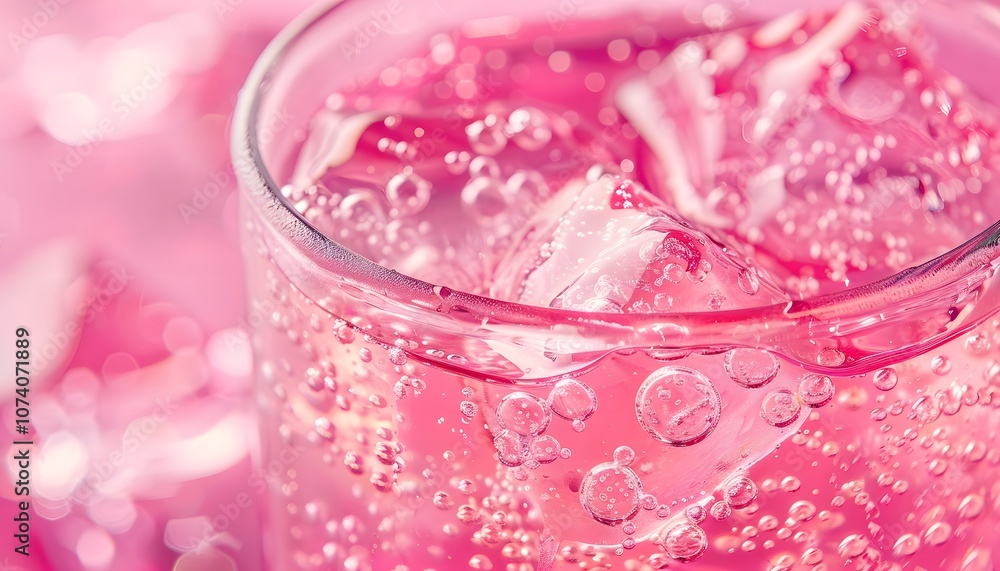 Poster a close-up of a pink fizzy drink with ice cubes, creating a refreshing visual.