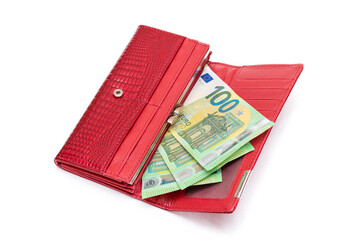 Opened Red Leather Women Purse with One Hundred Euro Banknotes Inside - Isolated on White Background. A Wallet Full of Money Symbolizing Wealth, Success, Shopping and Social Status - Isolation