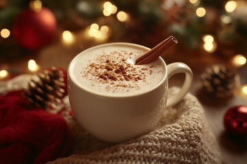 Obraz premium A cozy cup of creamy eggnog topped with a sprinkle of nutmeg and garnished with a cinnamon stick, set against a warm, bokeh-lit holiday background.
