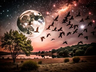 Naklejka premium Capturing the Essence of Migrating Birds at Night: A Stunning Display of Nature's Journey Under the Stars