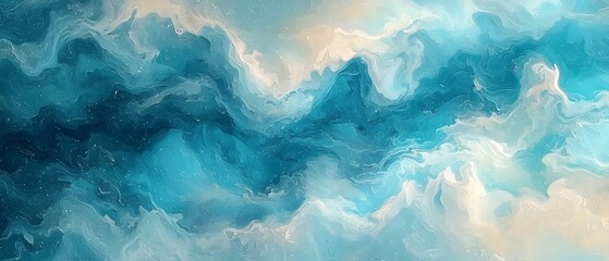 Obraz premium An abstract painting featuring swirling shades of blue and aqua, creating a fluid and dynamic ocean-like effect, with hints of white for contrast and depth.