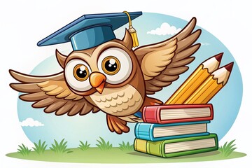 Obraz premium Cartoon Owl Flying with Pencil and Book for Educational Paper Game, Perfect for Children's Learning Materials and Creative Activities