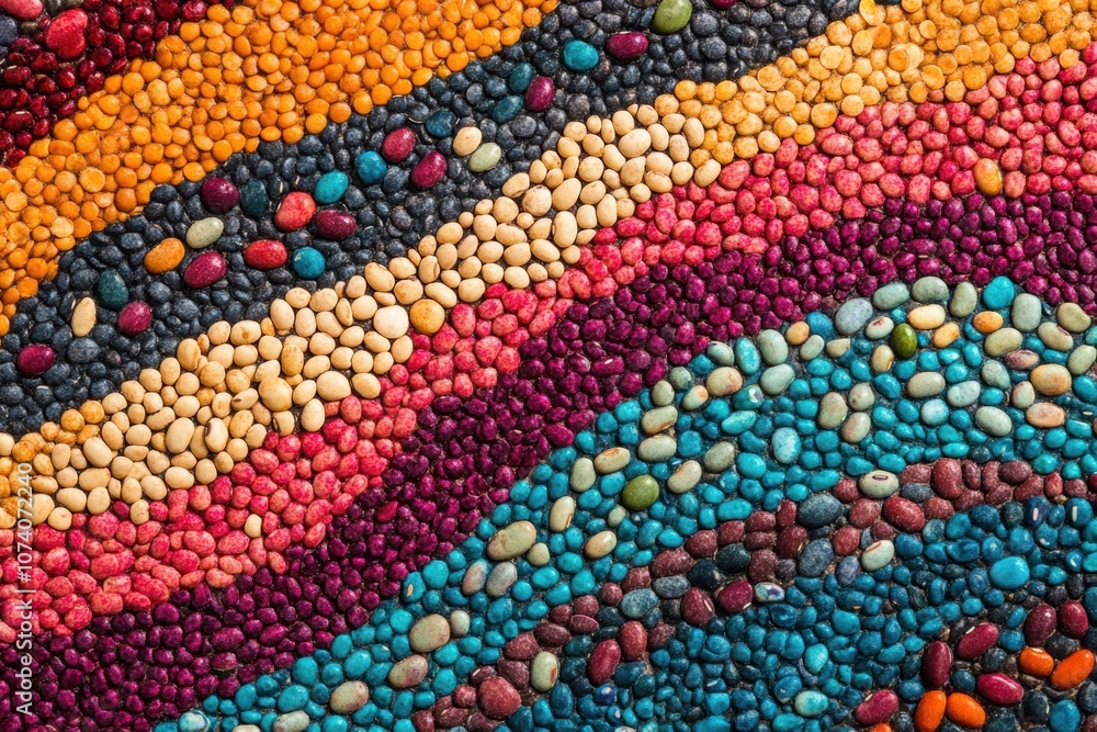 Aufkleber an intricate arrangement of colorful beans, lentils, and seeds forms a striking abstract pattern sho