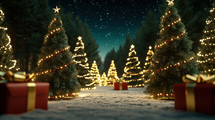 Illuminated Christmas trees with gifts create festive atmosphere.