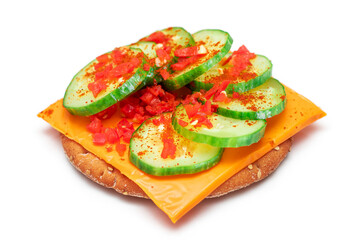 Crispy Cracker Sandwich with Fresh Cucumber, Cheese and Paprika - Isolated on White. Easy Breakfast. Quick and Healthy Sandwiches. Crispbread with Tasty Filling. Healthy Dietary Snack - Isolation