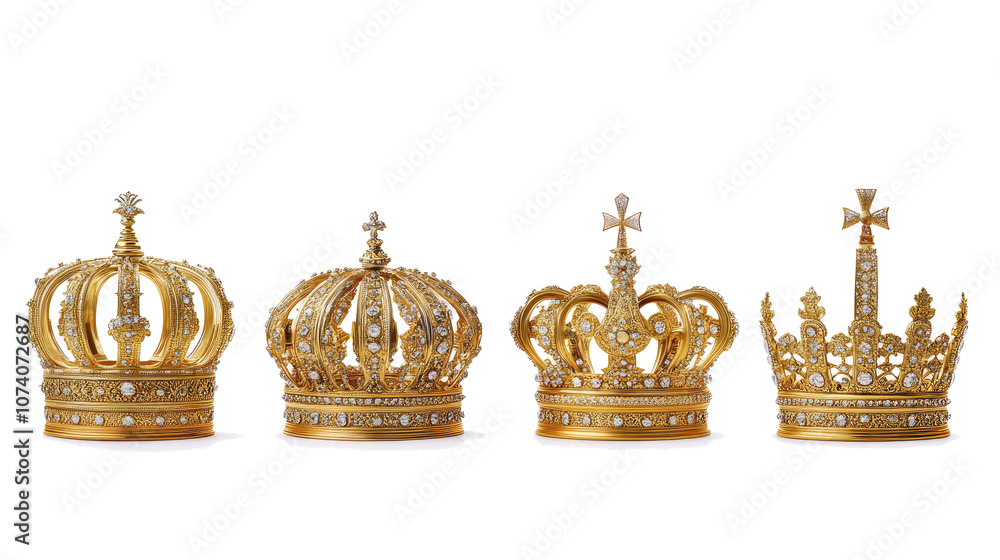 Poster set of four golden crowns with intricate designs on a clear backdrop generative ai
