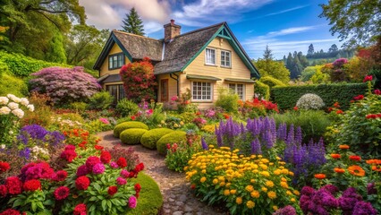 Charming House Surrounded by Lush Garden and Colorful Flowers in a Serene, Peaceful Nature Setting Captured in Candid Photography