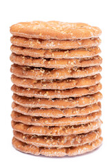 A Stack of Round Salt Crackers with Sesame Isolated on White Background. Dry Snacks - Isolation