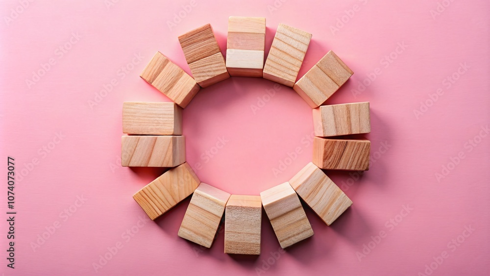 Poster circular arrangement of wooden blocks on a pink background symbolizing data analysis and division in