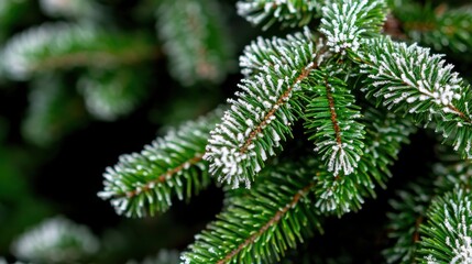 Fresh evergreen branches dusted with frost, showcasing vibrant green needles against a dark background.
