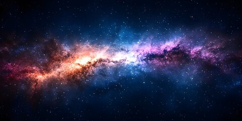 Fototapeta premium A stunning view of a colorful galaxy filled with vivid hues of blue, purple, and orange. The vastness of space is dotted with countless stars, creating a mesmerizing cosmic display.
