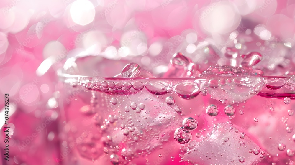 Poster a close-up of a pink drink with ice and bubbles, creating a refreshing and vibrant look.
