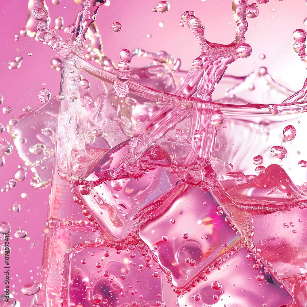 Poster a vibrant splash of pink liquid with ice cubes, creating a refreshing drink visual.
