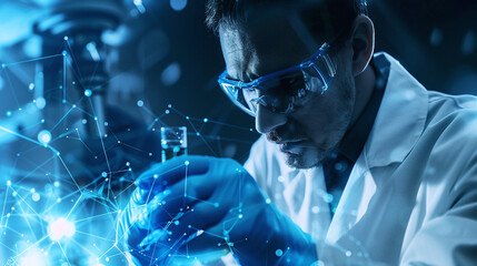 A Focused Scientist Conducts an Experiment in a Modern Laboratory, Exploring Cutting-Edge Technology During a Late-Night Research Session