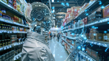 A Humanoid Robot Explores an Aisle in a Modern Grocery Store, Analyzing Products With Advanced Technology in an Innovative Shopping Environment