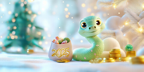 Fototapeta premium Little snake sitting by Christmas tree near golden coins. New Year 2025