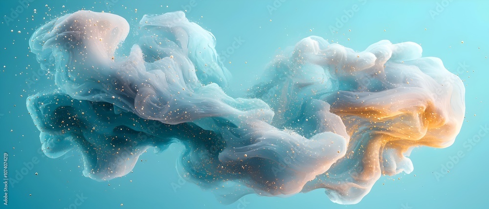 Poster an ethereal abstract composition featuring swirling clouds of soft blue and orange hues, creating a 