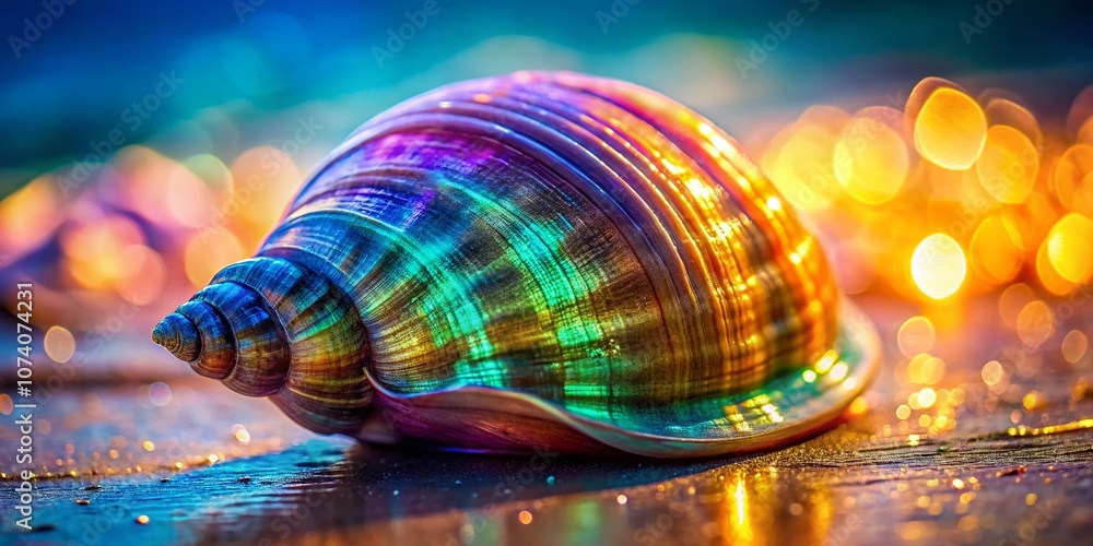 Poster closeup of an iridescent seashell highlighting its vibrant colors and intricate textures perfect for