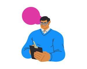 Writing people, modern flat vector concept illustration- standing man thoughtfully writing on clipboard, bubble near head Metaphor for reflection, personal insight, contemplation, creative expression