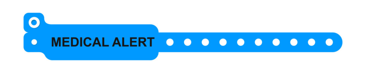 Medical alert bracelet. Warning wristband mockup isolated on white background. Patient wrist band for clinic or hospital. Vector flat illustration.