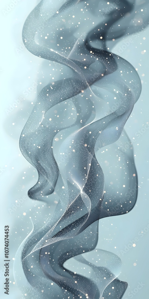 Poster an abstract image featuring flowing translucent waves of light gray fabric against a soft blue backg