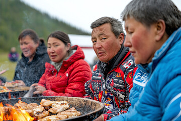 Inuit people gathered around a traditional fire pit, cooking food.