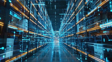 A Modern Data Center Filled With Rows of Servers, Illuminated With a Blue Glow, Showcasing Advanced Technology and a High-Tech Environment During Nighttime Operations