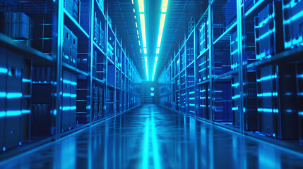 Futuristic Data Center Corridor Illuminated by Blue LED Lights, Showcasing High-Tech Shelving Systems and Rows of Server Racks