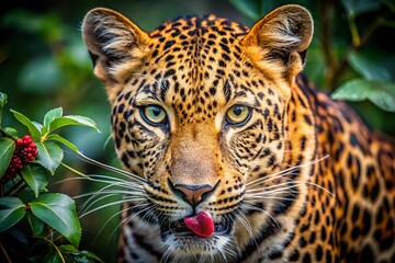 Close-Up of a Young Male Leopard Feeding in the Wild, Capturing the Intensity and Beauty of Nature's Predators with Intricate Details and Vivid Colors in a Natural Habitat