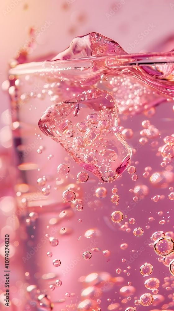 Poster a close-up of sparkling pink liquid with bubbles and ice, creating a refreshing vibe.