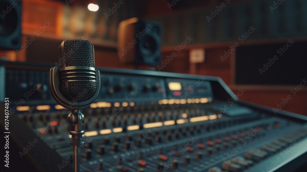 Aufkleber microphone in front of a sound mixing console in a studio.