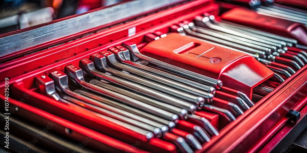 Aufkleber Close-Up of Hex Key Set in Red Box Showing Various Sizes for Hand Tools, Ideal for Steel Bolts and DIY Projects in a Workshop Environment