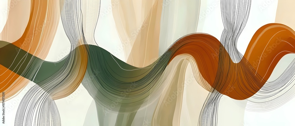 Poster abstract fluid waves in warm earth tones with intricate linear patterns. the design evokes a sense o