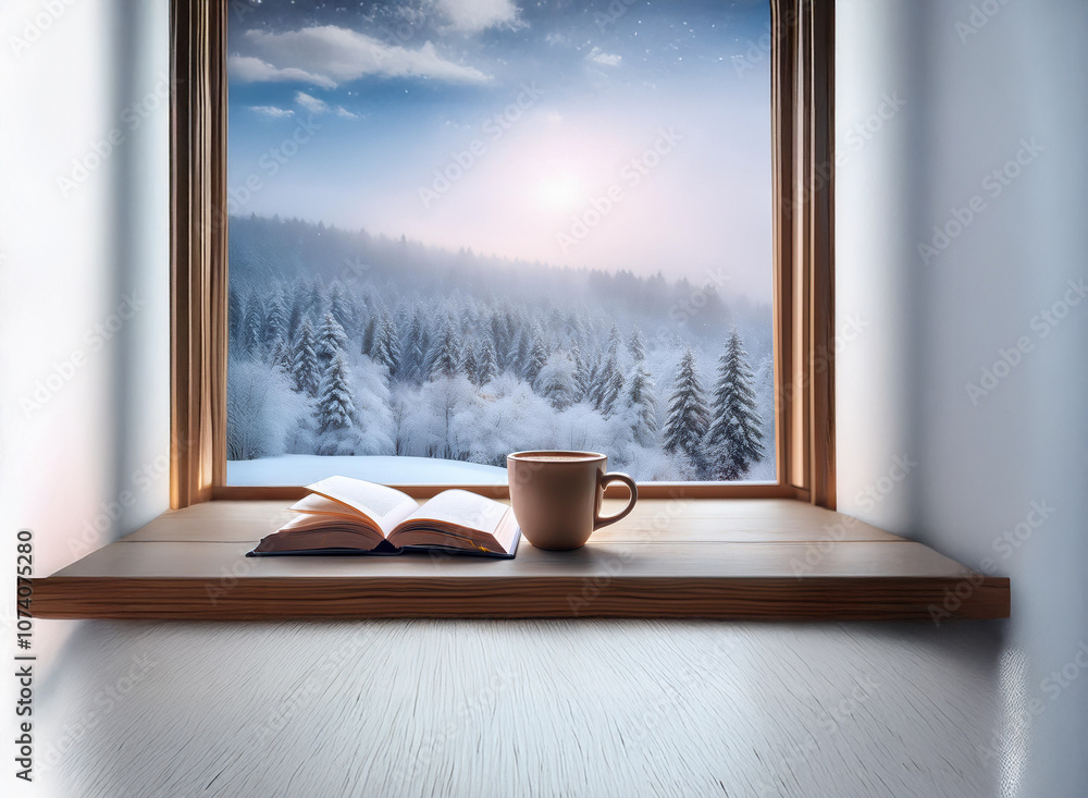 Poster a window view of a snowy forest with a book and a cup of coffee on the window sill.