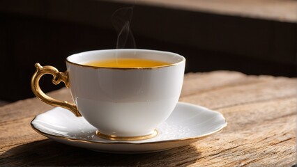 Obraz premium A white teacup with a gold handle and saucer sits on a wooden table, filled with steaming tea and emitting steam.