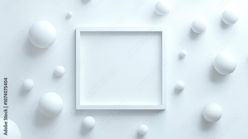 Poster minimalistic white frame surrounded by spherical shapes.