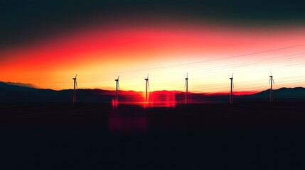 Wind turbines silhouetted against a vibrant sunset.