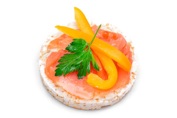 Rice Cake Sandwich with Fresh Salmon, Yellow Paprika and Greens - Isolated on White Background. Diet Food. Quick and Healthy Sandwiches. Crispbread with Fresh Fillings. Healthy Dietary Snack