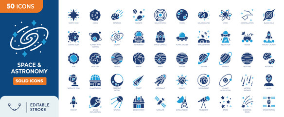 Space & Astronomy icon set. Containing satellite, universe, astronaut, rocket, comet, telescope and planet and more icons. Solid icon collection. Vector illustration. Editable stroke	