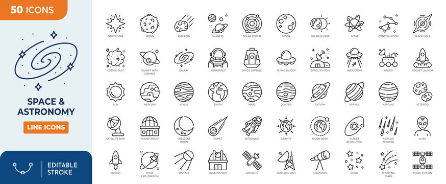 Space & Astronomy icon set. Containing satellite, universe, astronaut, rocket, comet, telescope and planet and more icons. Outline Icon Collection. Vector illustration. Editable stroke	