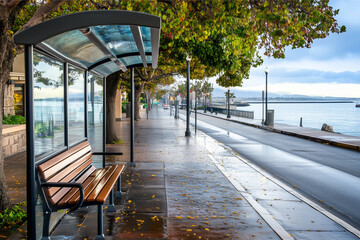Rainy Morning at an Empty Bus Stop in San Diego with a View of the Calm Sea