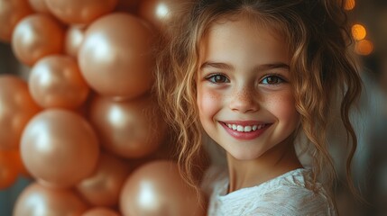 Fototapeta premium Close-up Portrait of a Smiling Girl with Freckles and Curly Blonde Hair