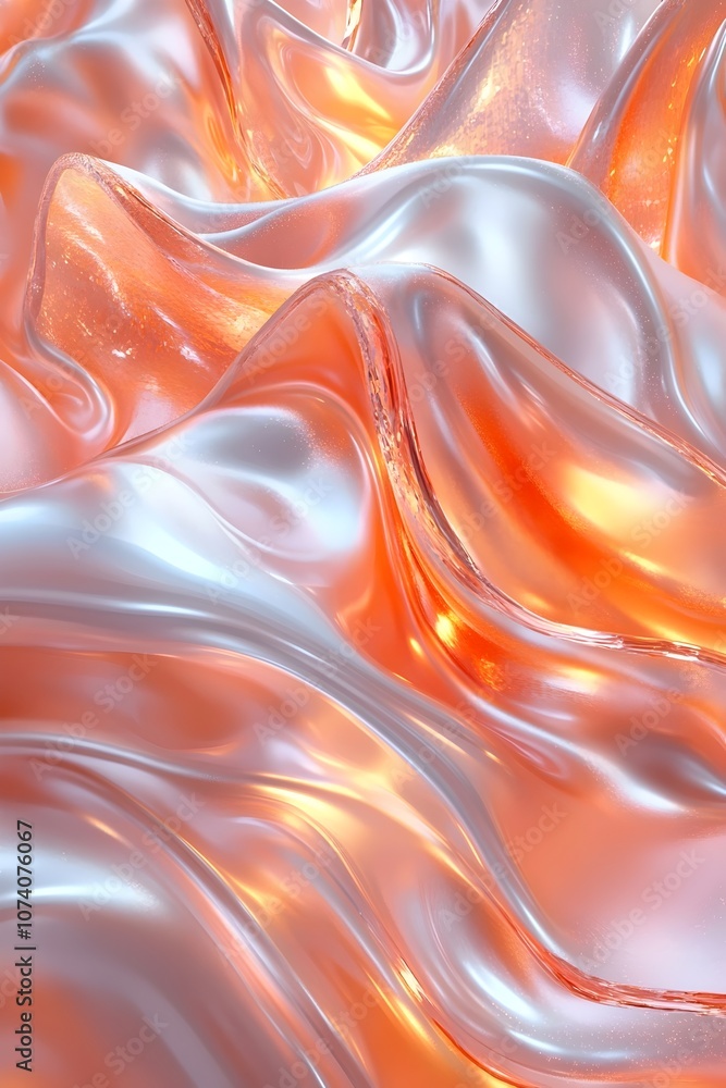 Poster an abstract close-up of flowing, glossy material with soft orange and silver hues, creating a mesmer